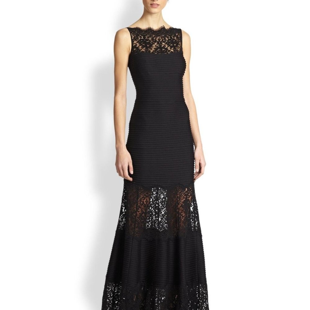 Tadashi Shoji Embroidered Illusion Lace Pintuck Jersey Navy Blue Dress Gown XL